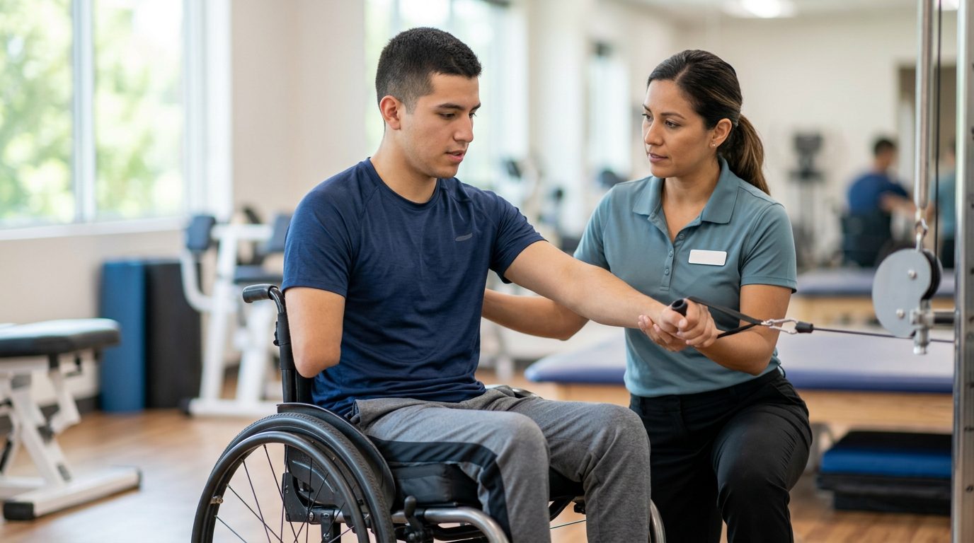 Joven en silla de ruedas durante sesión de rehabilitación de lesión medular con terapeuta.