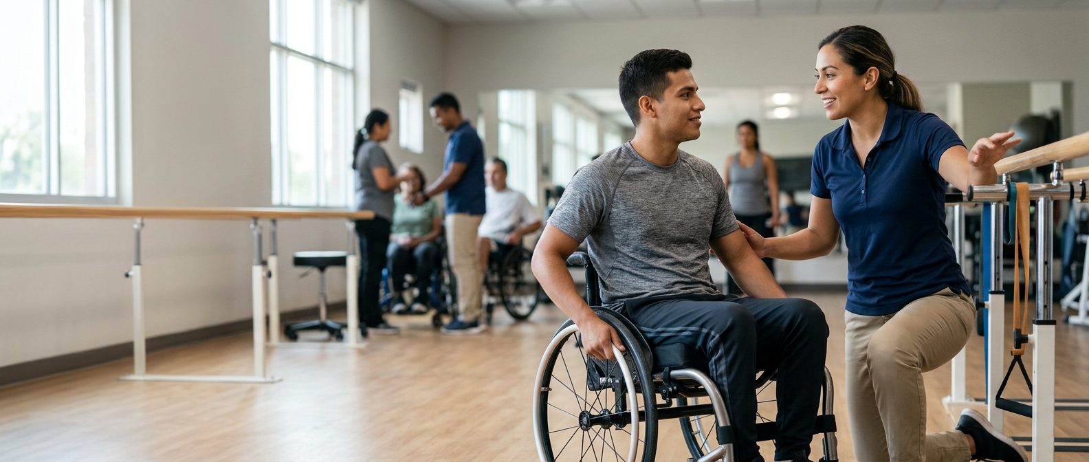 Joven en silla de ruedas realizando ejercicios de rehabilitación con fisioterapeuta en gimnasio.