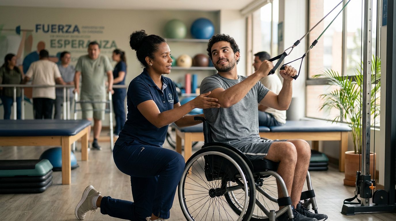 Joven en silla de ruedas realizando ejercicios de rehabilitación con fisioterapeuta en gimnasio.