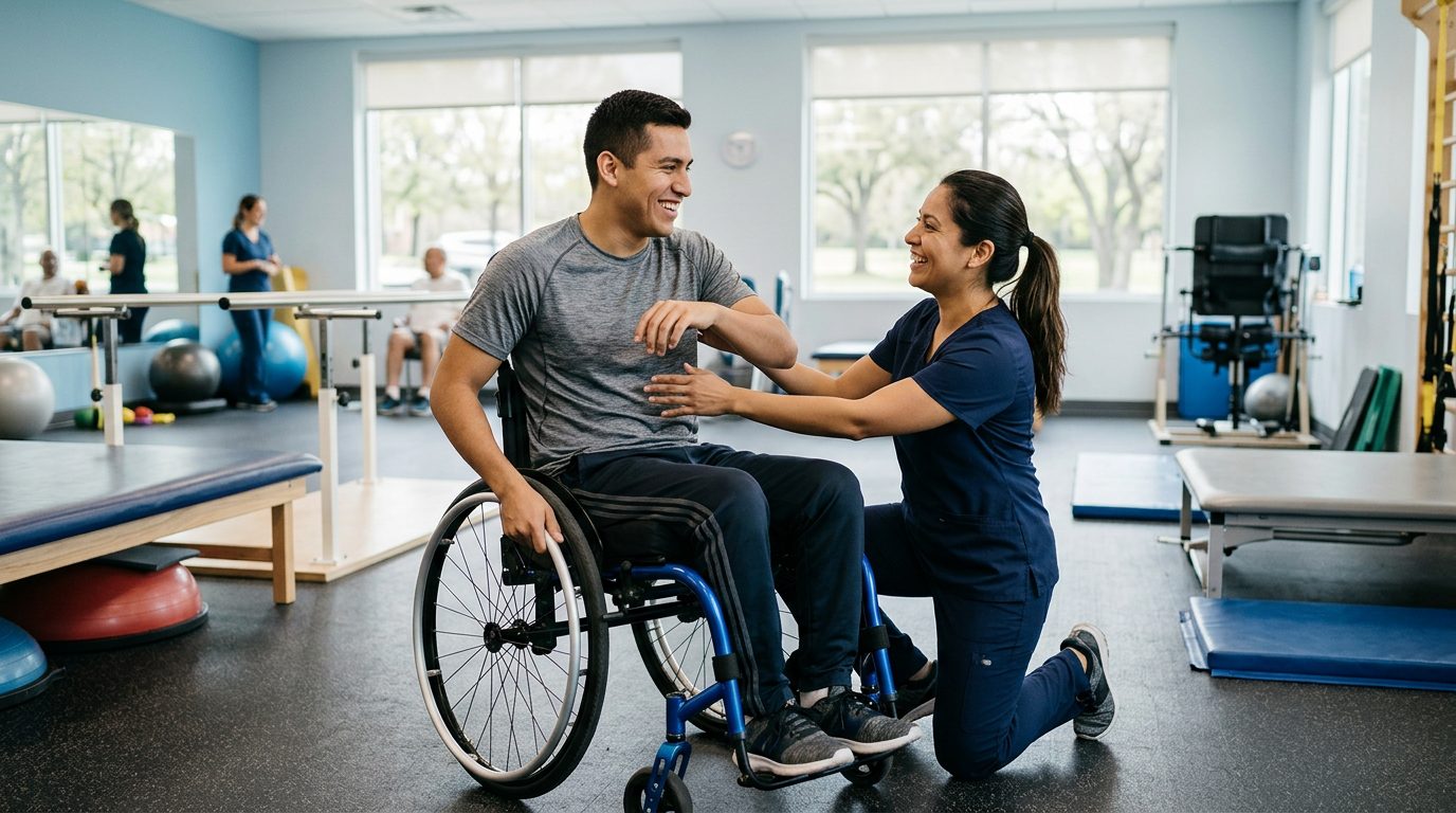 Joven en silla de ruedas realizando ejercicios de rehabilitación con fisioterapeuta en gimnasio.