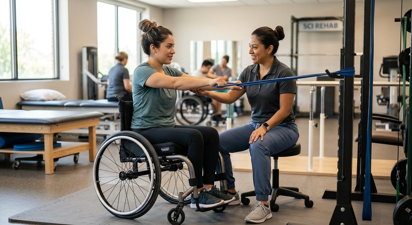Joven en silla de ruedas realizando rehabilitación con fisioterapeuta en gimnasio de lesiones medulares.