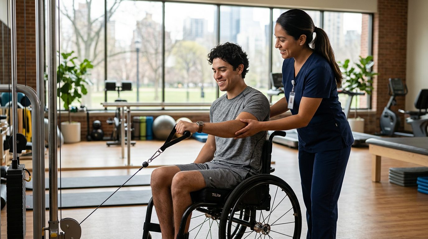 Joven en silla de ruedas realizando rehabilitación con terapeuta en gimnasio de lesiones de médula espinal.