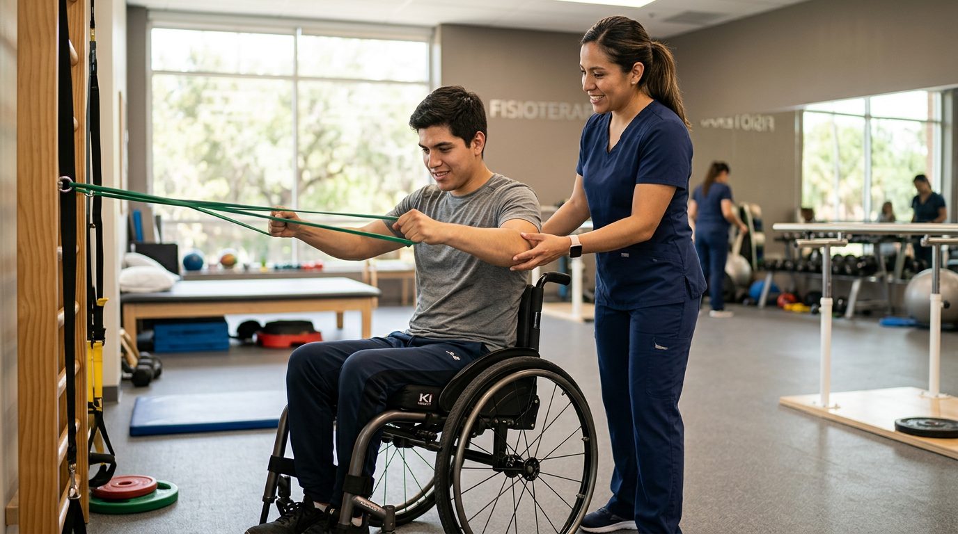Joven en silla de ruedas realizando rehabilitación con terapeuta en gimnasio de lesión medular.