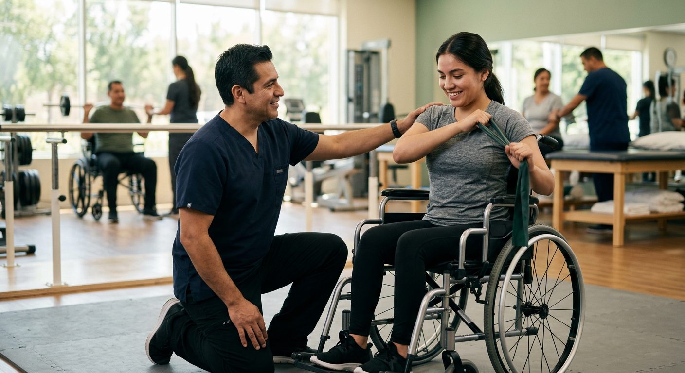 Joven en silla de ruedas realizando rehabilitación de lesión medular con terapeuta físico.
