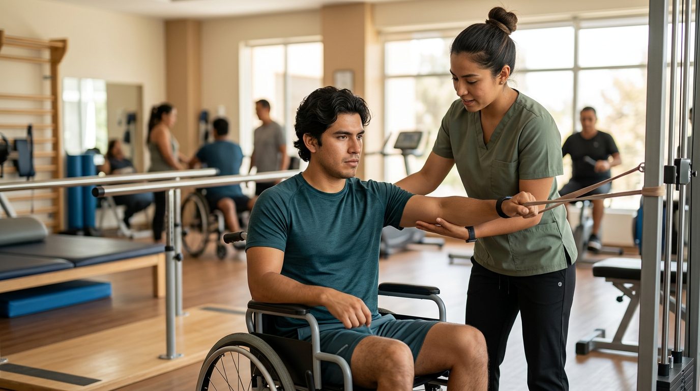 Joven en silla de ruedas realizando rehabilitación de médula espinal con fisioterapeuta.