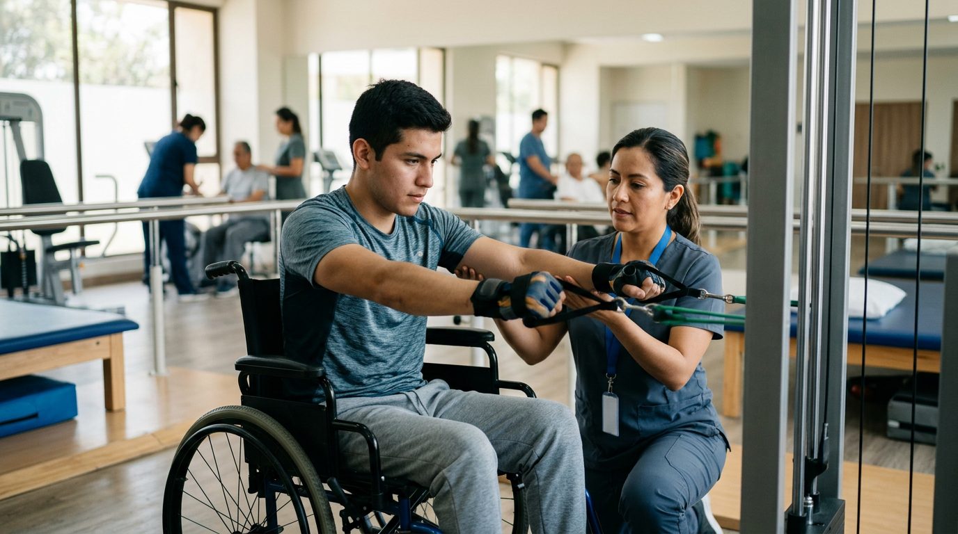 Joven en silla de ruedas realizando terapia física con terapeuta en gimnasio de rehabilitación.