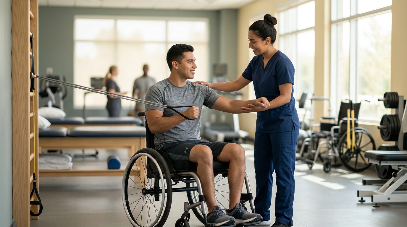 Joven en silla de ruedas recibiendo terapia física en gimnasio de rehabilitación de lesiones de médula espinal.