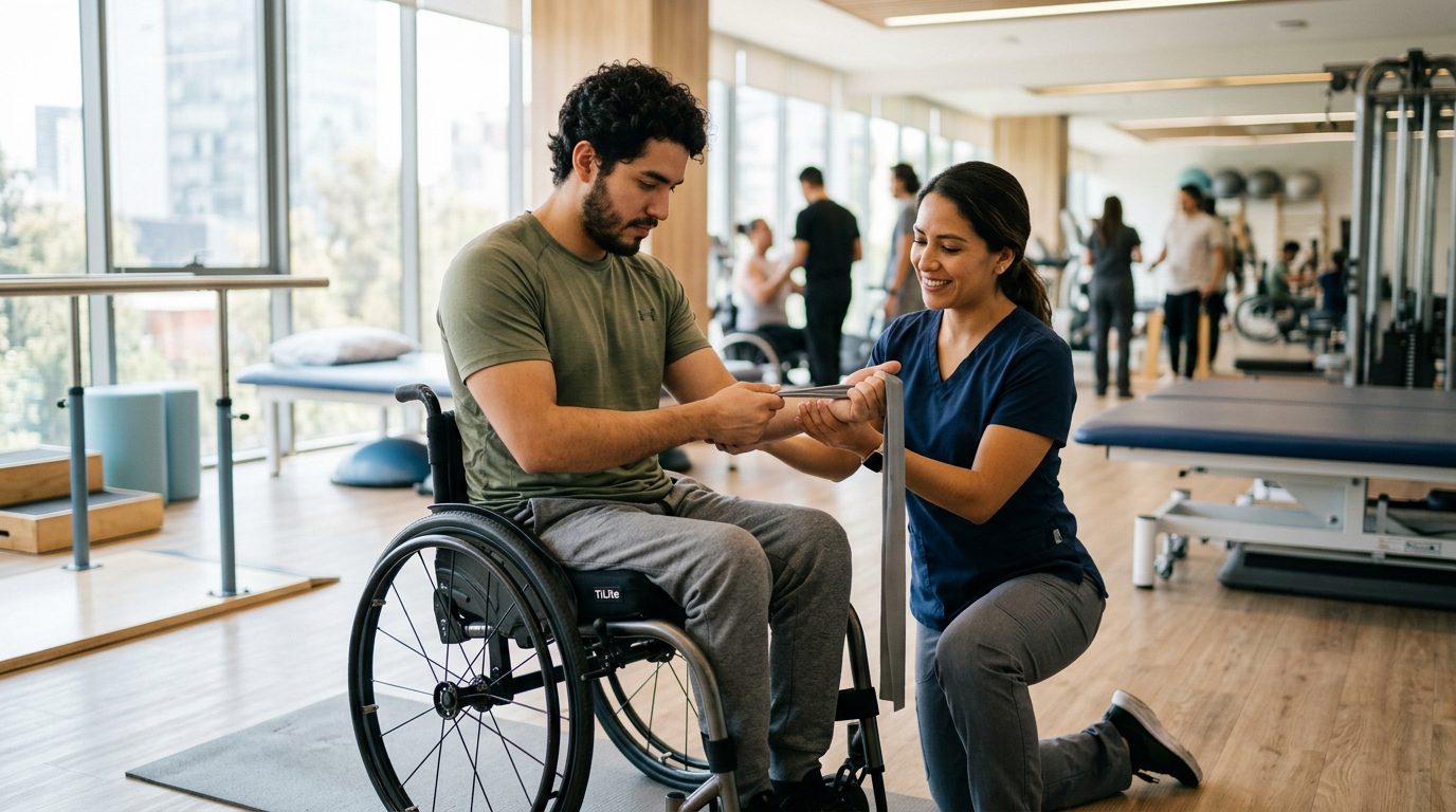 Joven en silla de ruedas trabajando con fisioterapeuta en gimnasio de rehabilitación.