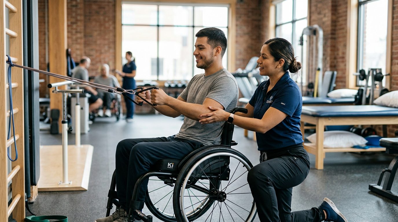 Joven en silla de ruedas trabajando con fisioterapeuta en gimnasio de rehabilitación por lesión medular.