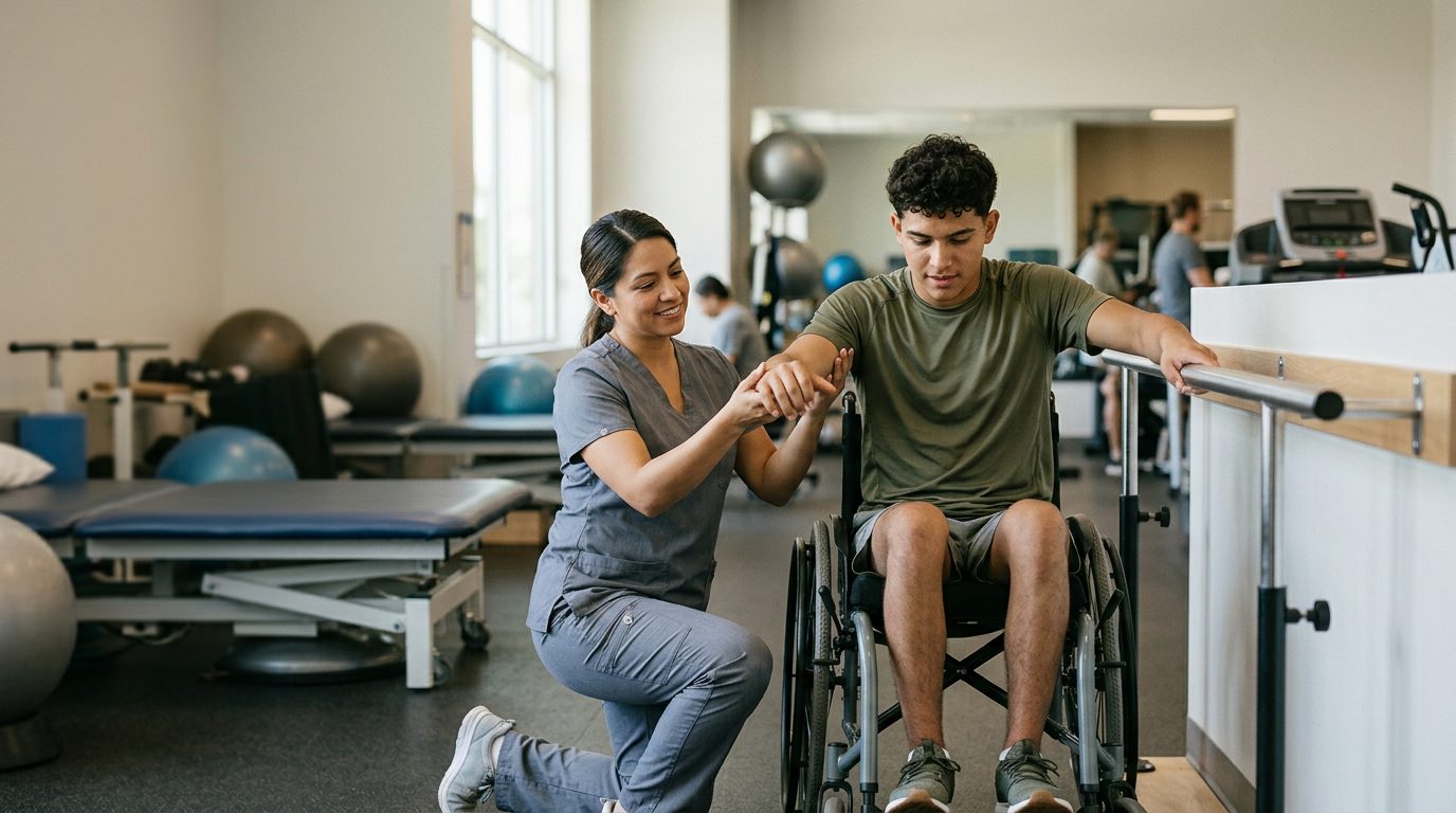 Joven en silla de ruedas trabajando con terapeuta en gimnasio de rehabilitación de lesión medular.