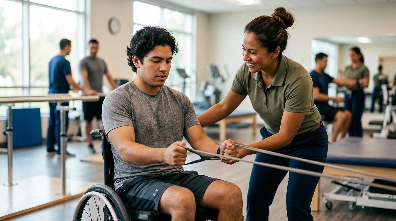Joven en silla de ruedas trabajando con terapeuta en gimnasio de rehabilitación de lesión medular.