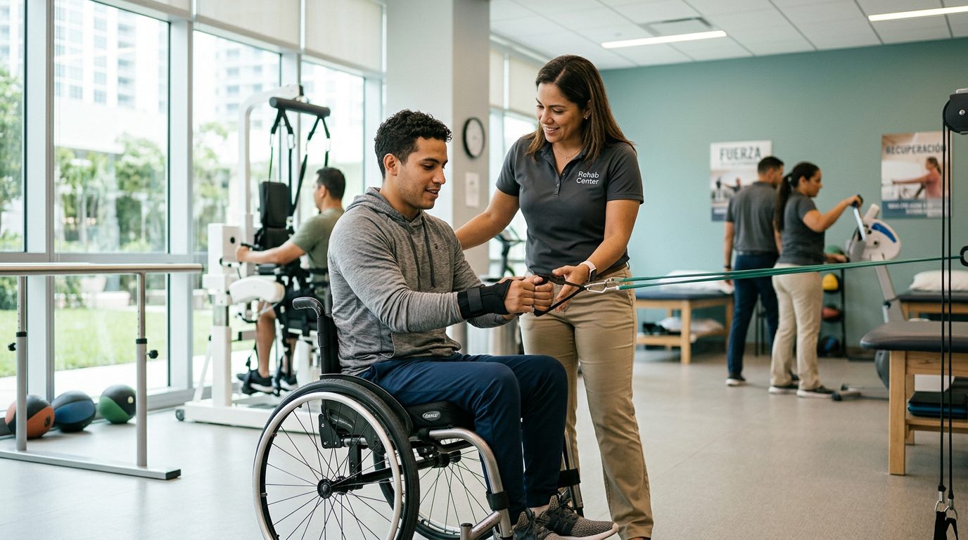 Joven en silla de ruedas trabajando con terapeuta en gimnasio de rehabilitación por lesión medular.
