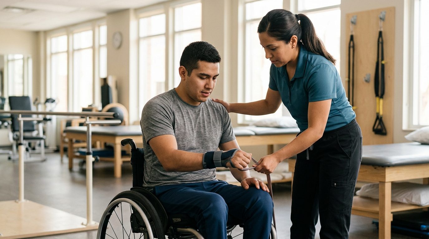 Joven en silla de ruedas trabajando con terapeuta en gimnasio de rehabilitación de lesiones medulares.