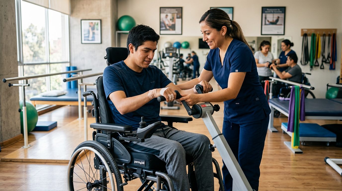 Joven en silla de ruedas trabajando con terapeuta en gimnasio de rehabilitación de lesiones medulares.