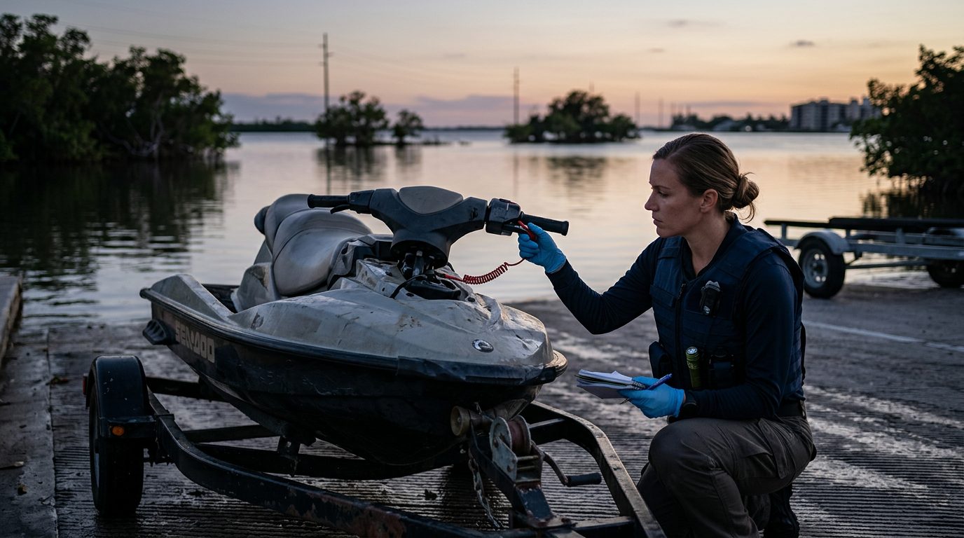 Marine accident investigator examining jet ski throttle and safety lanyard at boat ramp.