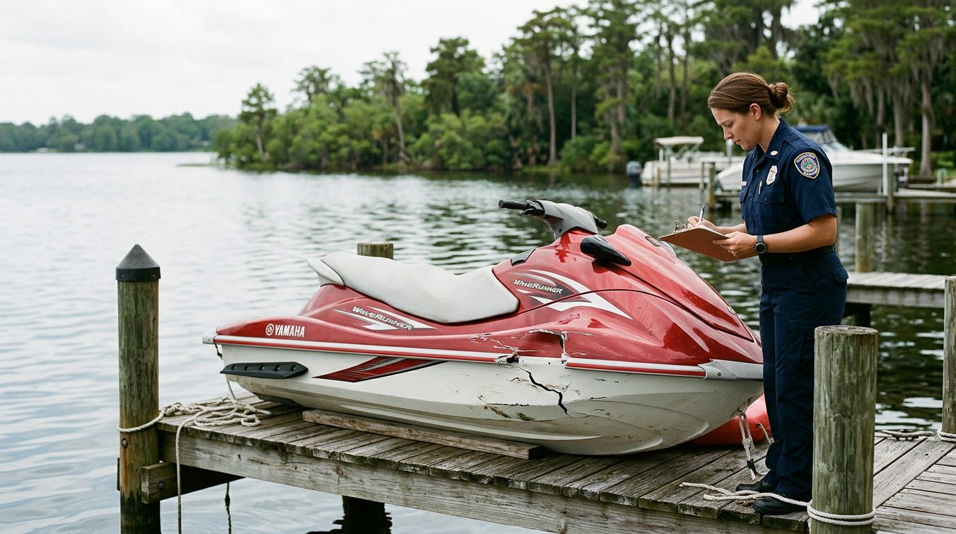 Marine safety investigator documenting damage to a jet ski at a dock.