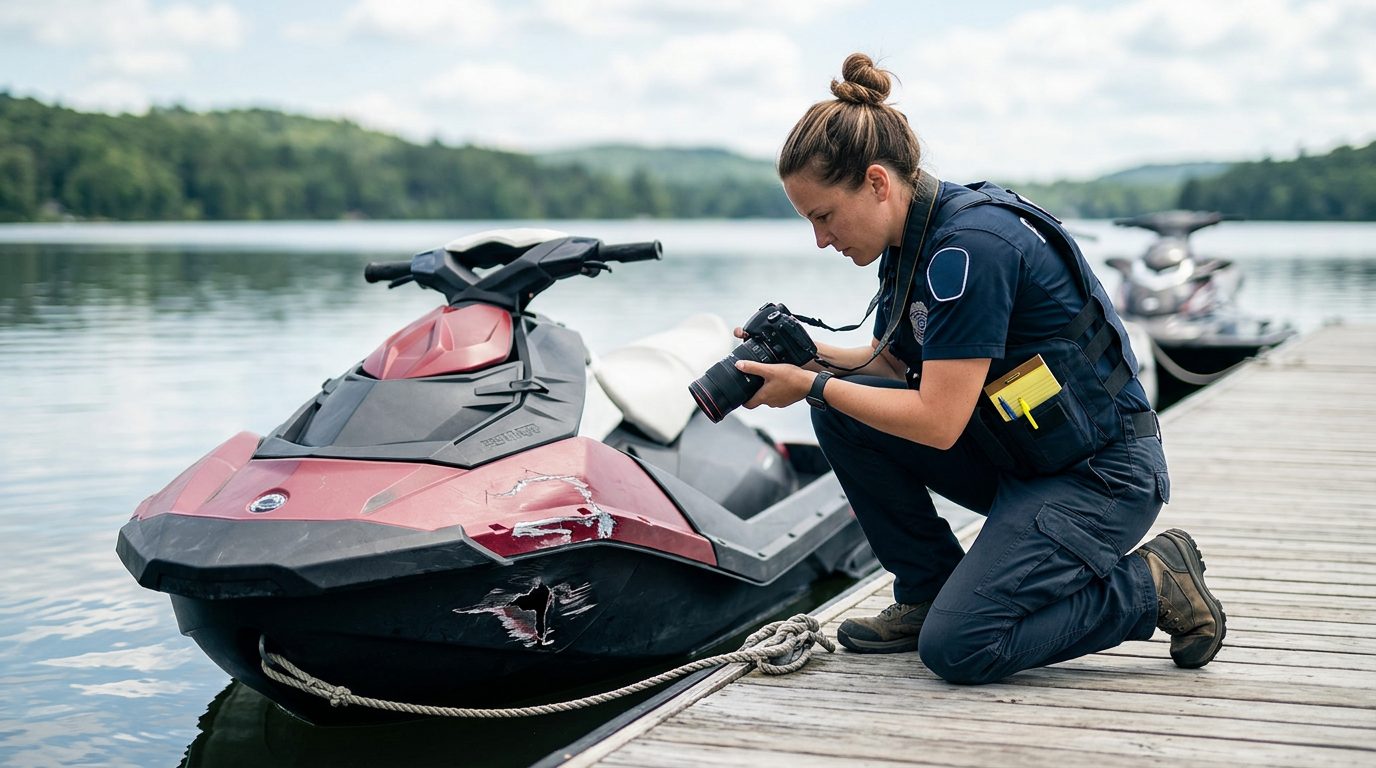 Marine safety investigator documenting damage to a jet ski at a lakeside dock.