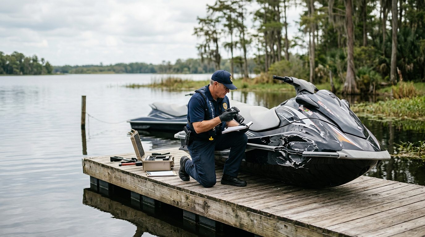 Marine safety investigator documenting damage to a jet ski at a dock.