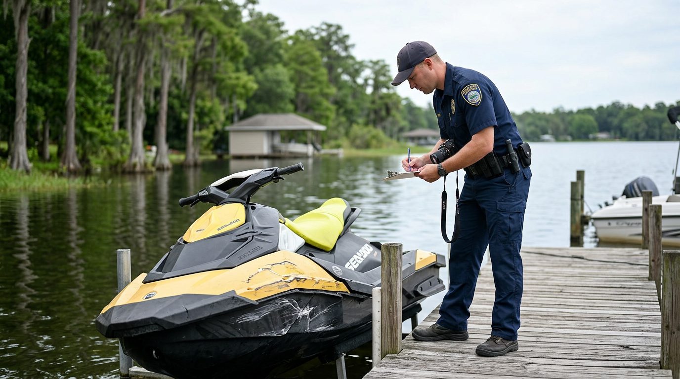 Marine safety investigator documenting damaged jet ski at lakeshore dock.