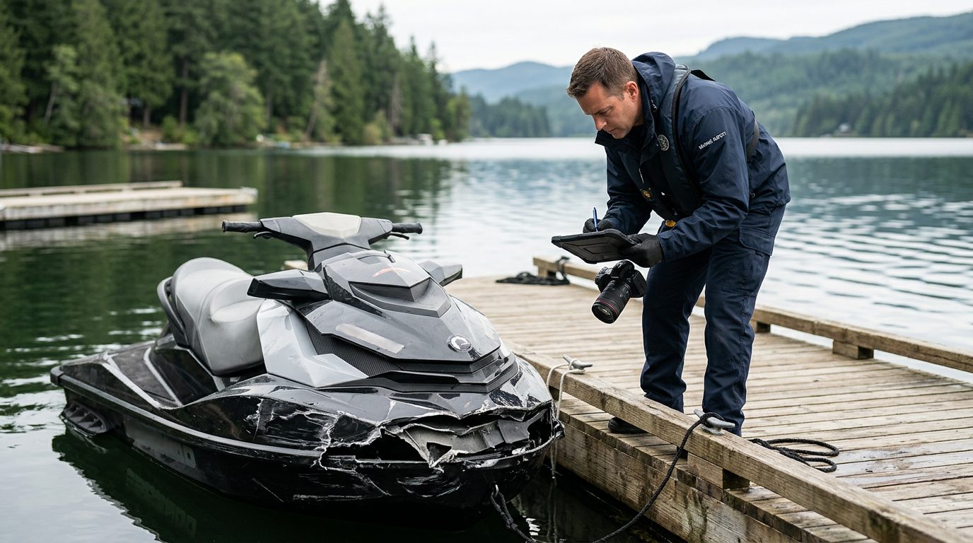 Marine safety investigator examining damaged jet ski at dock.