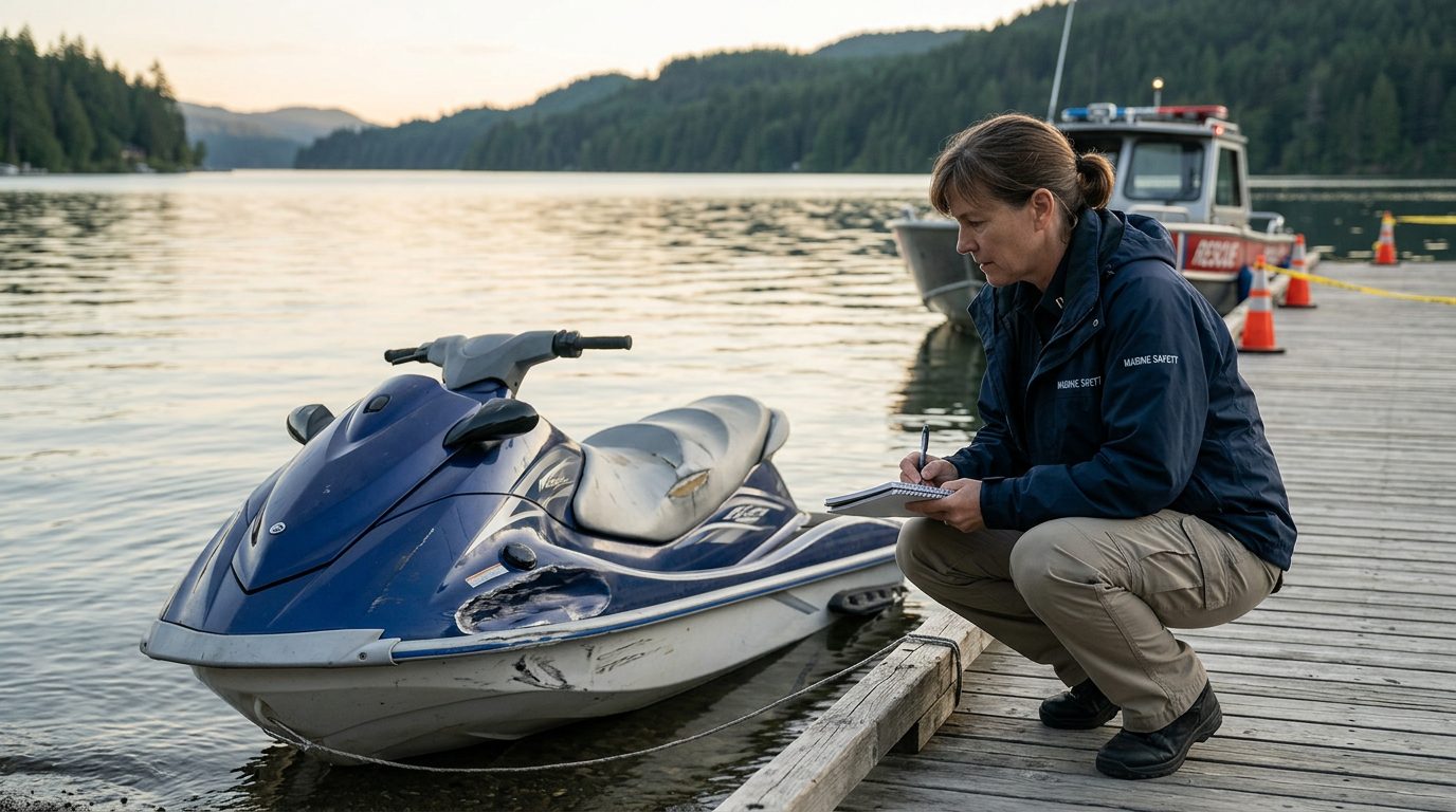 Marine safety investigator examining damaged jet ski at dock after accident.