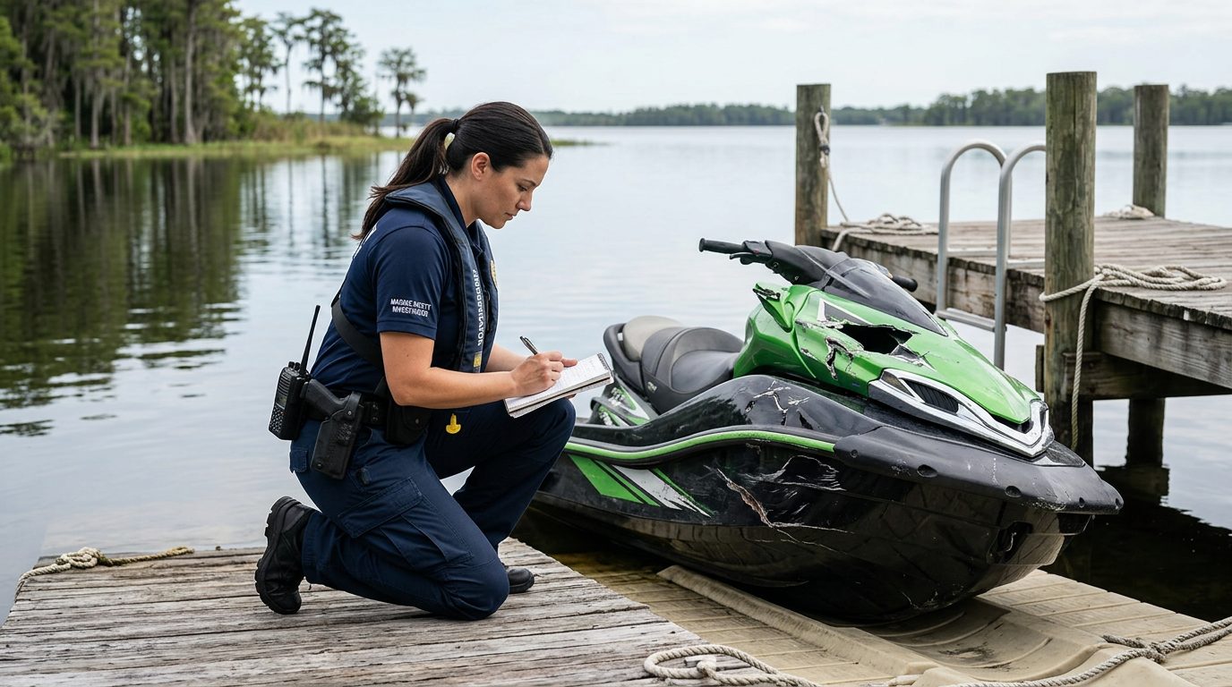 Marine safety investigator examining damaged personal watercraft at dock.