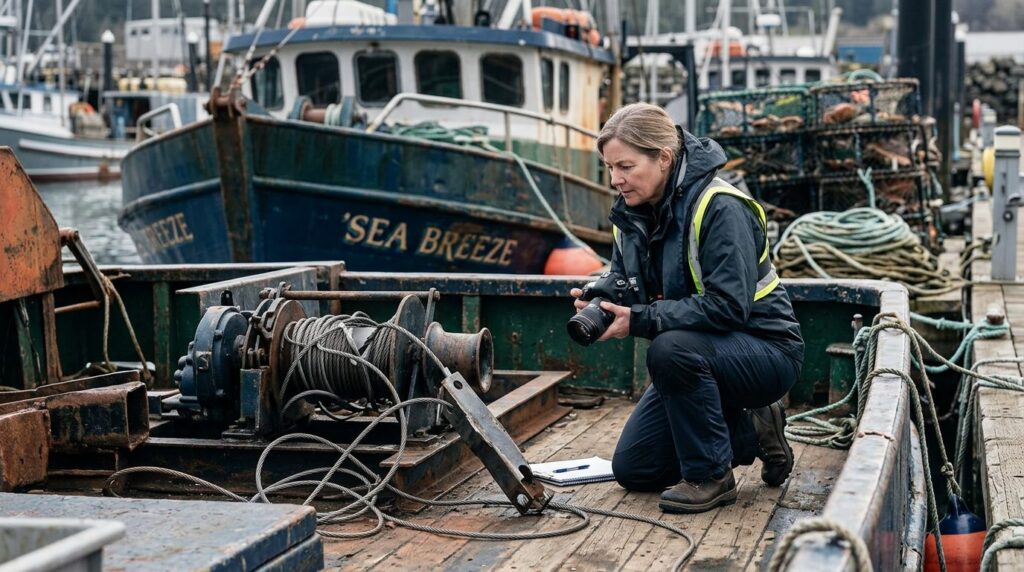 Maritime accident investigator documenting failed deck equipment on fishing vessel at dock.
