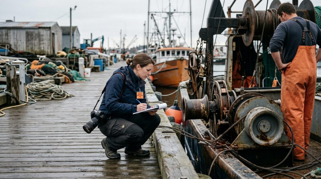 Maritime accident investigator documenting failed deck equipment on fishing vessel.