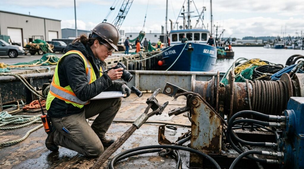 Maritime accident investigator documenting failed deck equipment on commercial fishing vessel at dock.