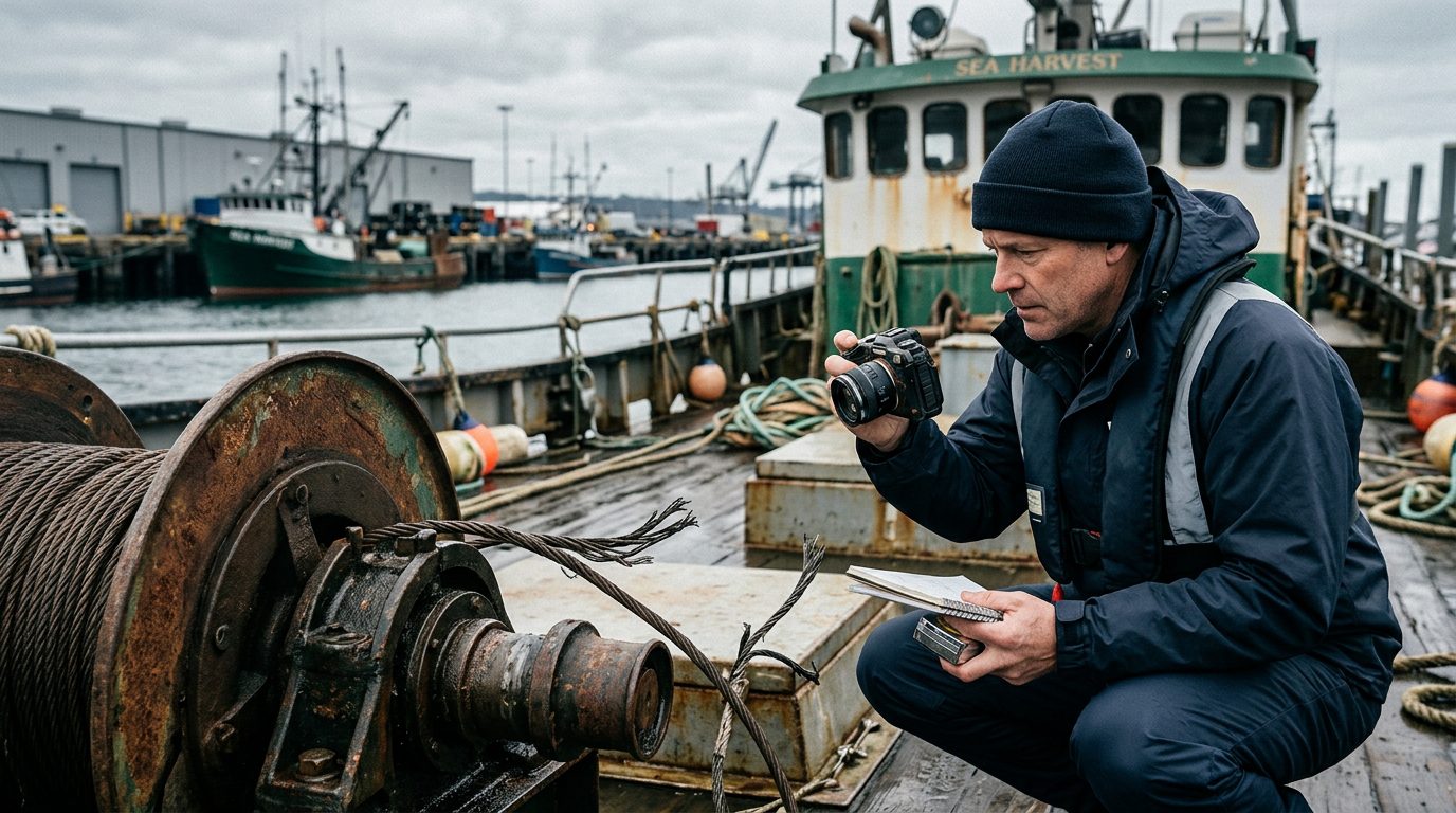 Maritime accident investigator documenting failed deck equipment on commercial fishing vessel at dock.