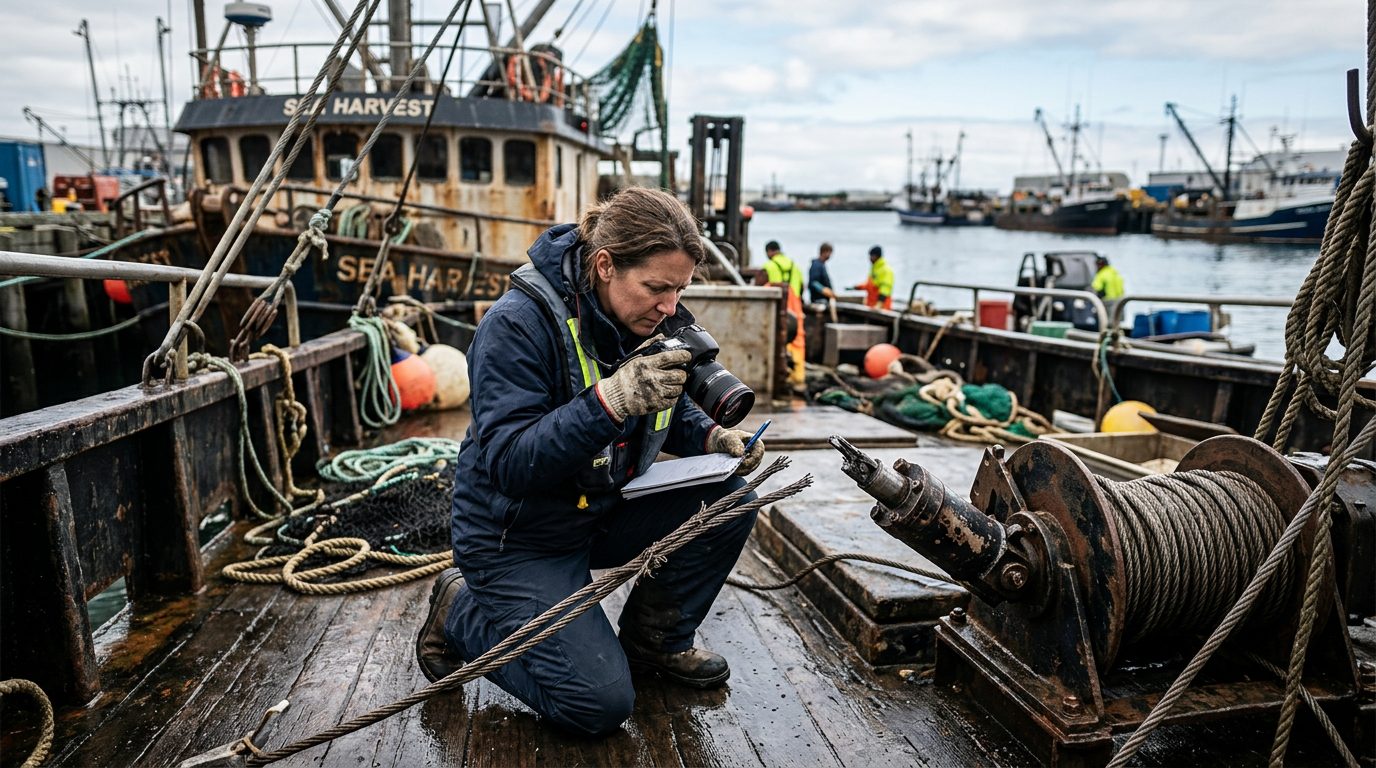 Maritime accident investigator documenting failed deck equipment on commercial fishing vessel at dock.