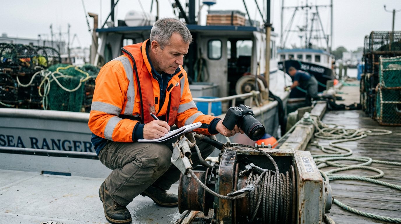 Maritime accident investigator examining failed deck equipment on fishing vessel at dock.