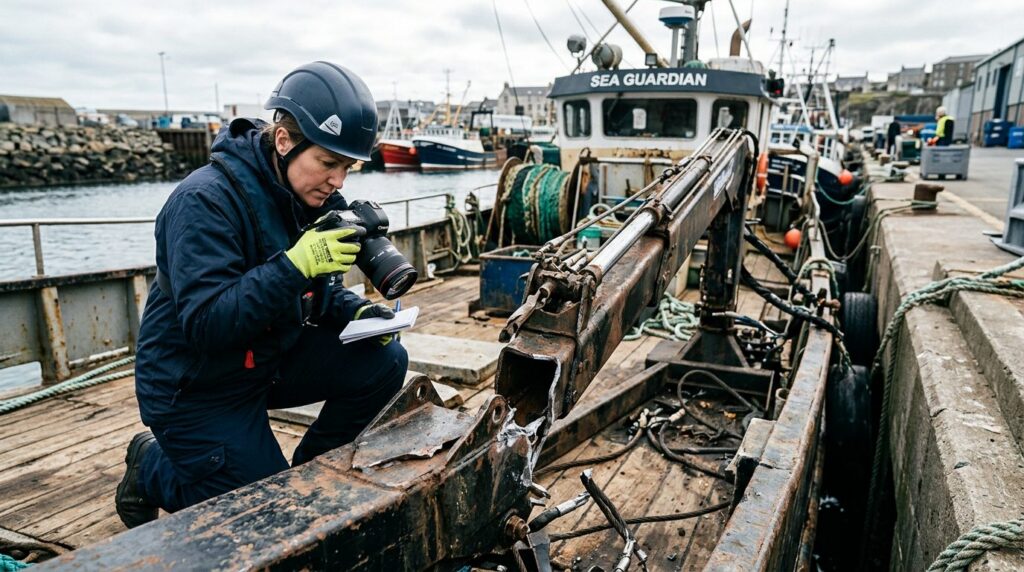 Maritime accident investigator examining failed deck equipment on fishing vessel at dock.