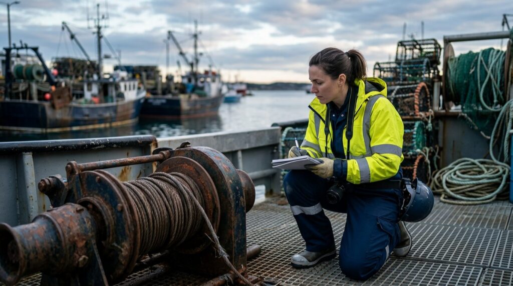 Maritime accident investigator examining failed deck equipment on commercial fishing vessel.