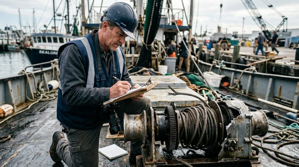 Maritime accident investigator examining failed deck equipment on fishing vessel at dock.