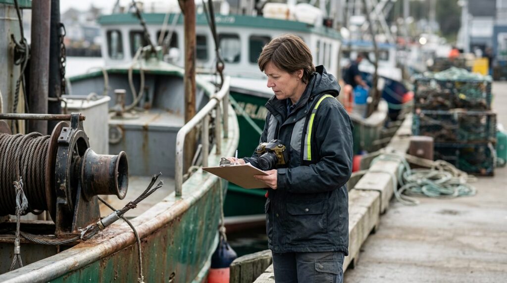 Maritime accident investigator examining failed deck equipment on commercial fishing vessel.
