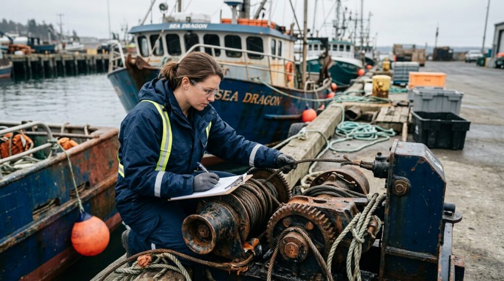 Maritime accident investigator examining failed deck equipment on commercial fishing vessel at dock.