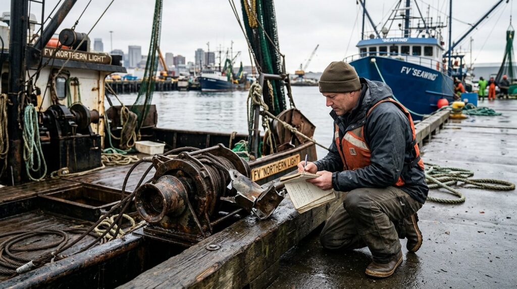 Maritime accident investigator examining failed deck equipment on fishing vessel at dock.