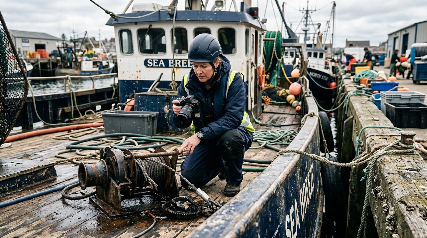 Maritime accident investigator examining failed deck equipment on commercial fishing vessel.
