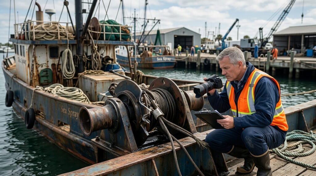 Maritime accident investigator examining failed deck equipment on commercial fishing vessel at dock.
