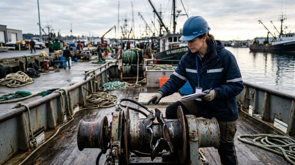 Maritime accident investigator examining failed deck equipment on fishing vessel at dock.