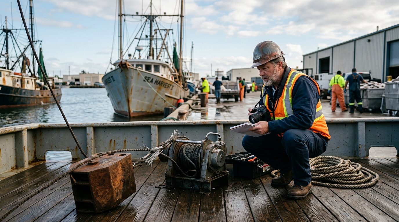 Maritime accident investigator examining failed deck equipment on commercial fishing vessel at dock.
