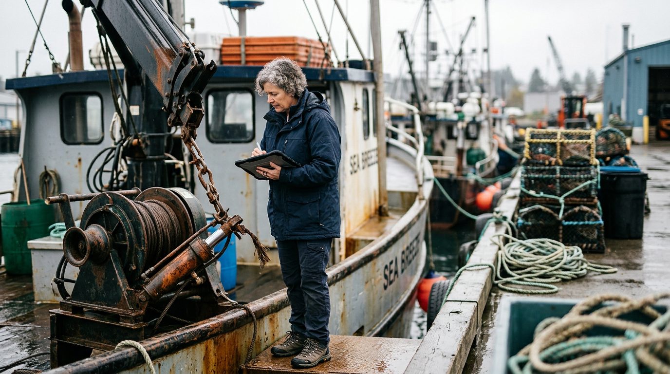Maritime accident investigator examining failed deck equipment on commercial fishing vessel.