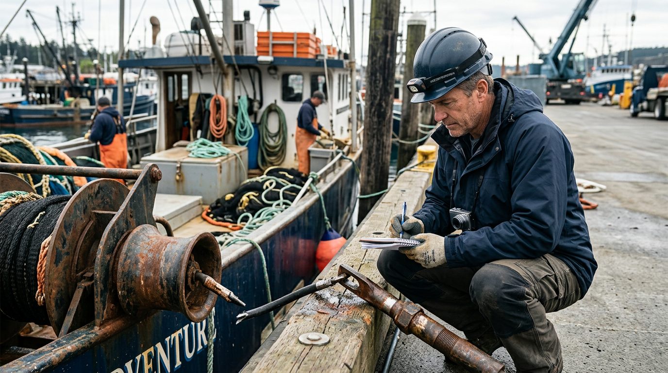 Maritime accident investigator examining failed deck equipment on fishing vessel.
