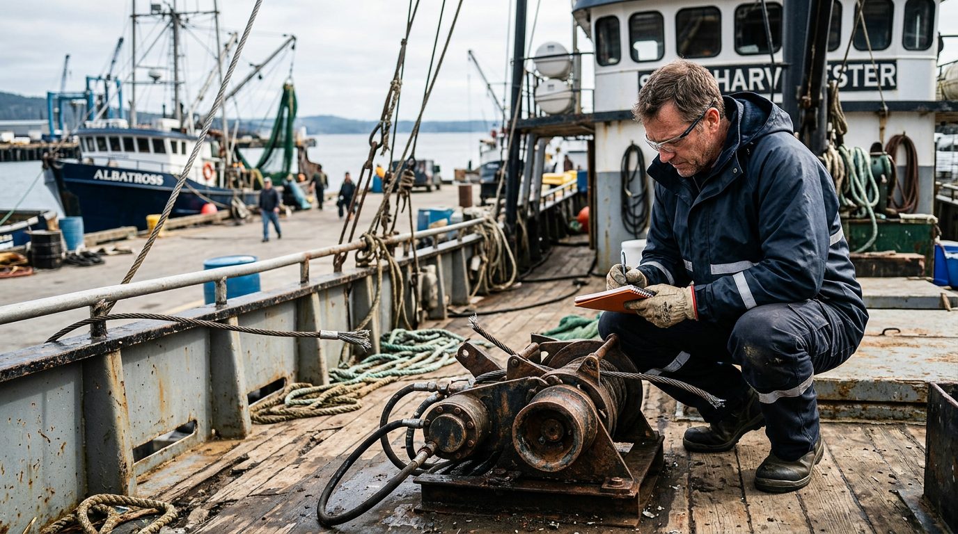 Maritime accident investigator examining failed deck equipment on commercial fishing vessel.