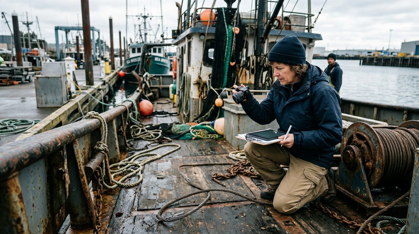 Maritime accident investigator examining failed deck equipment on commercial fishing vessel at dock.