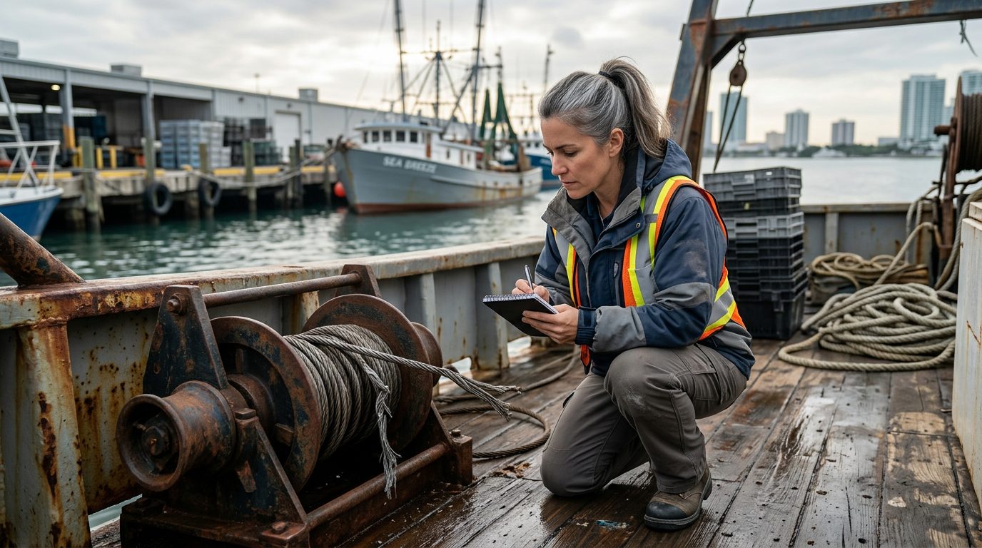 Maritime accident investigator examining failed deck equipment on commercial fishing vessel.