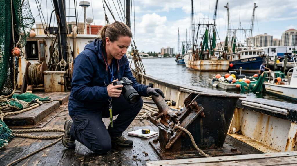 Maritime accident investigator examining failed deck equipment on fishing vessel at dock.