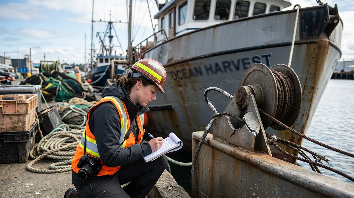 Maritime accident investigator examining failed deck equipment on fishing vessel at dock.