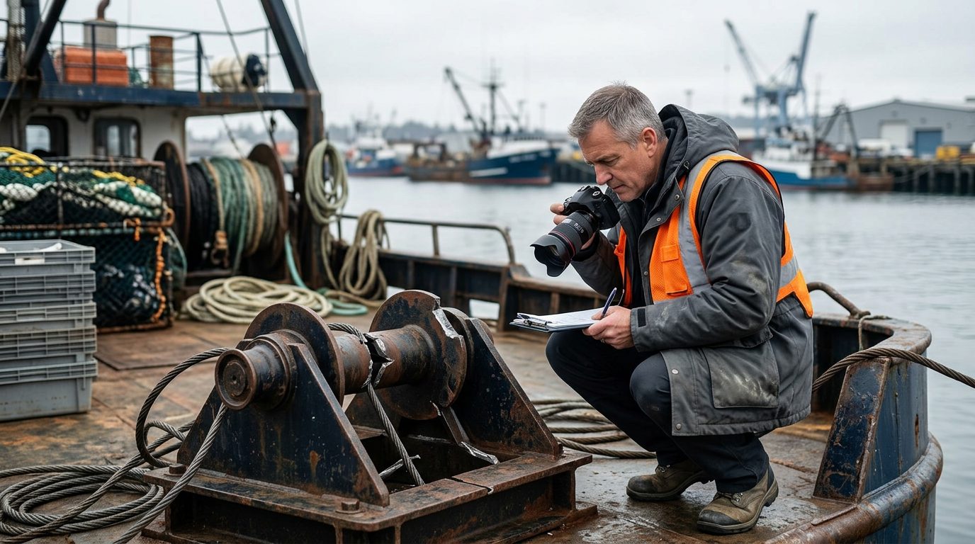 Maritime accident investigator examining failed deck equipment on fishing vessel at dock.